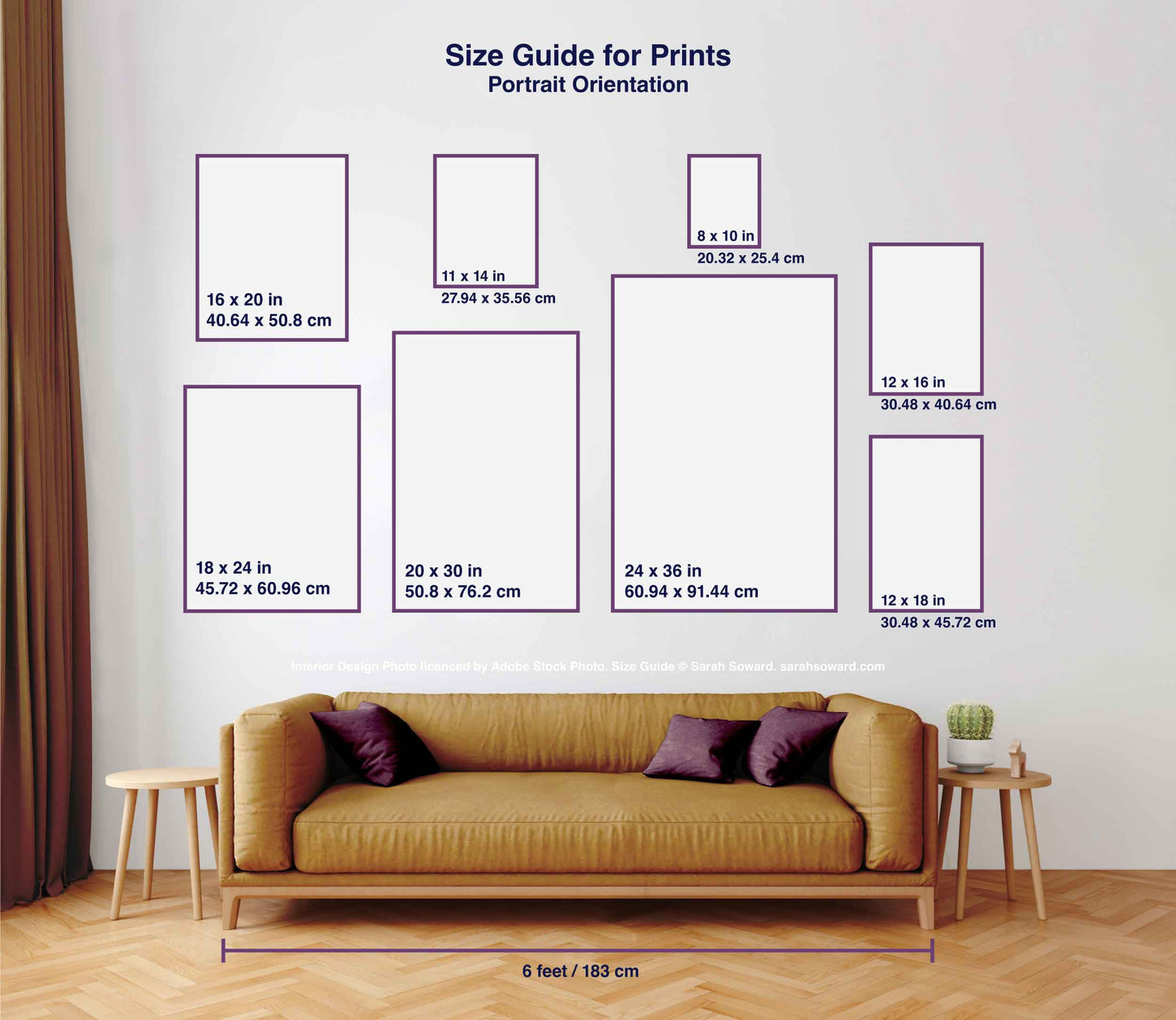 Visual size guide for different sizes of prints in a vertical, or portrait, orientation.