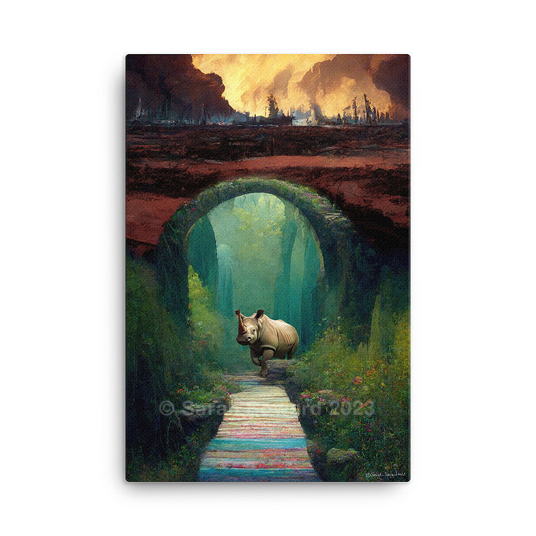 The Rhino Way, copyright Sarah Soward. A rhinoceros stands inside a welcoming arch, protected from the dry, red, and burning world above. The rhino beckons you to walk down a lightly-colored path through beautifully green foliage and flowers. They invite you to join them in the calm and inviting oasis of green and blue beyond the arch.