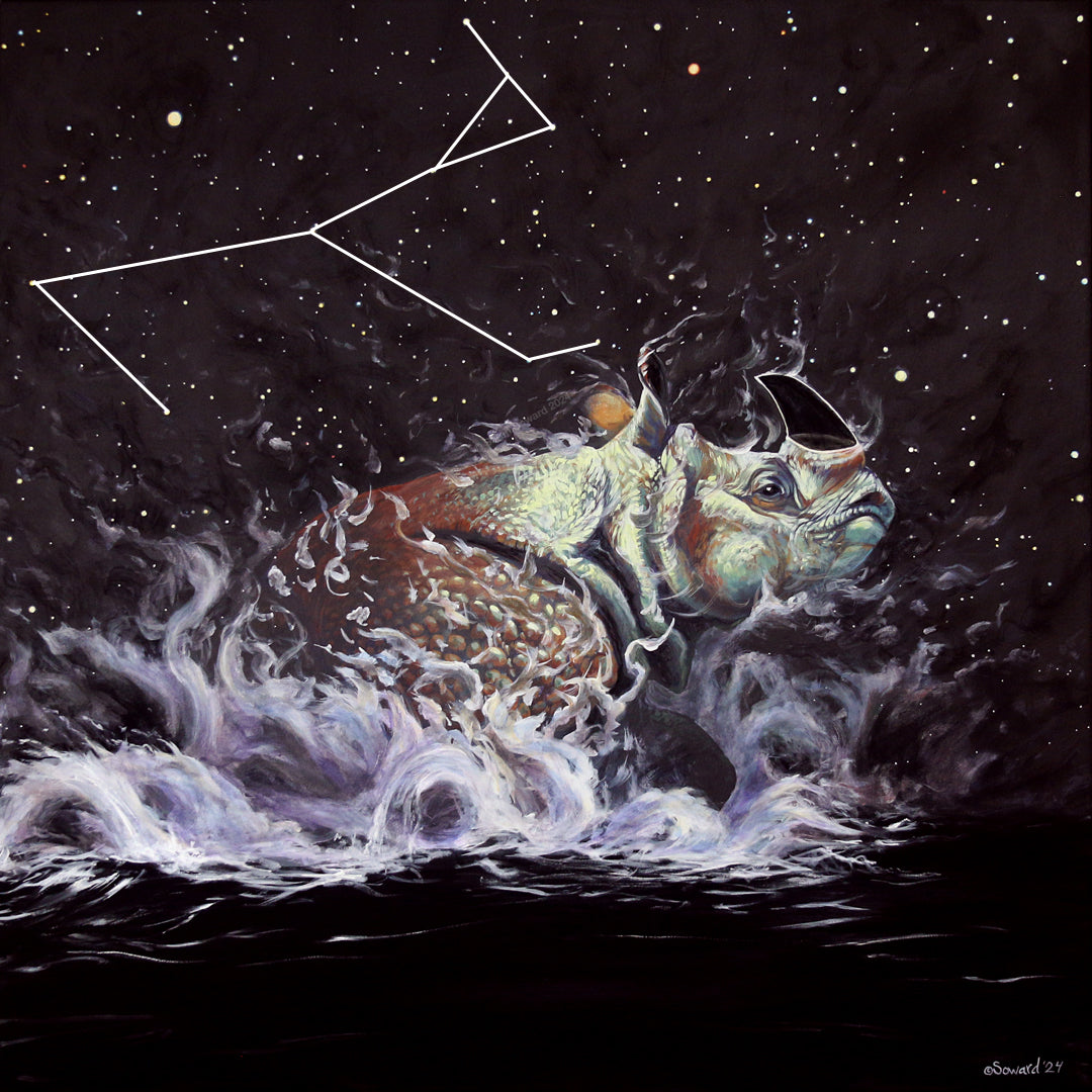 Rhinoceros painting by Sarah Soward that features a sepia and pale green rhinoceros emerging in crashing wave-forms from a black void. The rhinoceros creating the stars above it. This image also includes the stright white lines to show where the monoceros constellation is in the star-scape.