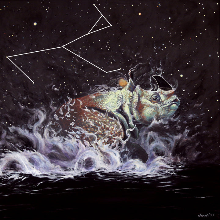 Rhinoceros painting by Sarah Soward that features a sepia and pale green rhinoceros emerging in crashing wave-forms from a black void. The rhinoceros creating the stars above it. This image also includes the stright white lines to show where the monoceros constellation is in the star-scape.