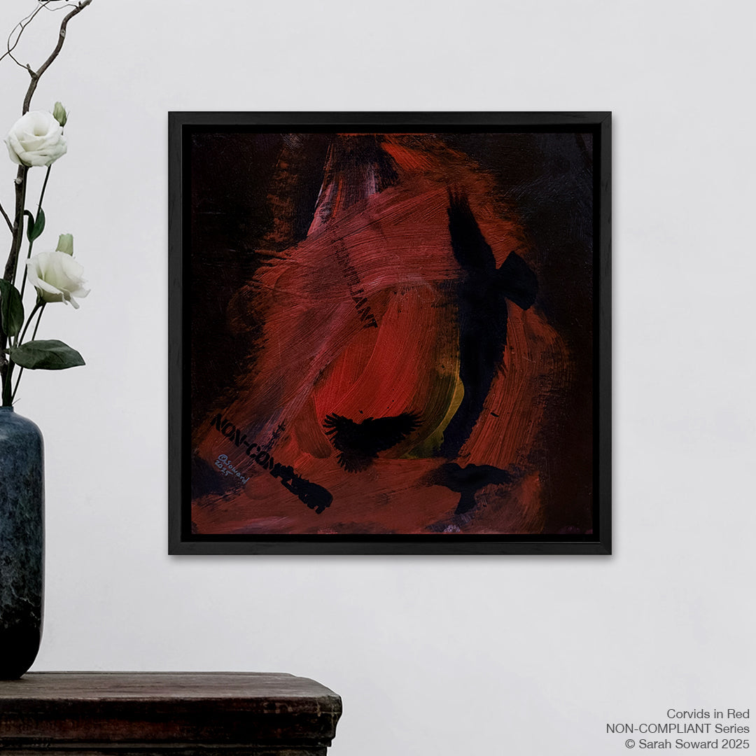 Non-Compliant, Corvids in Red, Original Painting