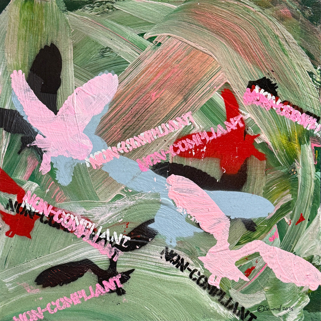 Non-Compliant, Owls on Green, Original Painting