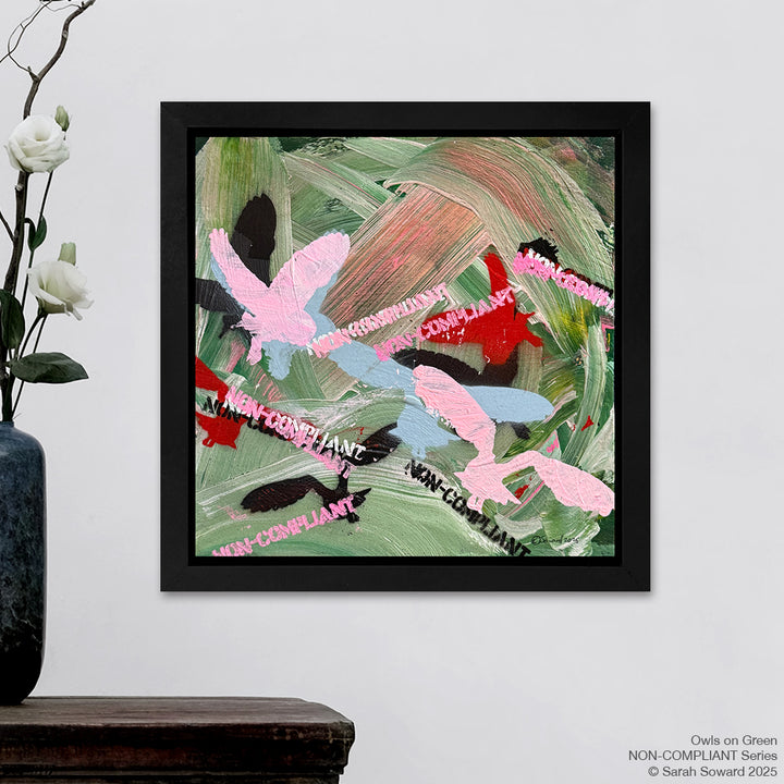Non-Compliant, Owls on Green, Original Painting