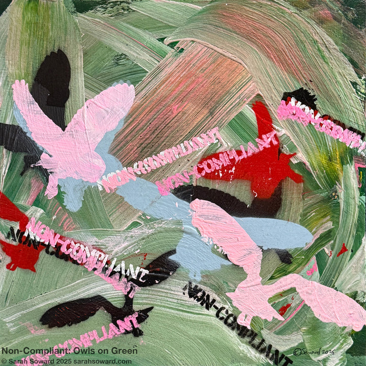 Non-Compliant, Owls on Green, Original Painting