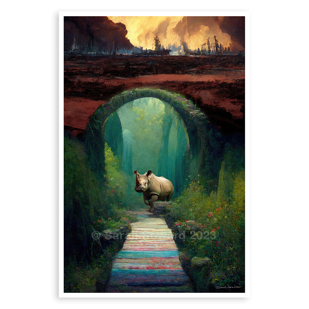 The Rhino Way, copyright Sarah Soward. A rhinoceros stands inside a welcoming arch, protected from the dry, red, and burning world above. The rhino beckons you to walk down a lightly-colored path through beautifully green foliage and flowers. They invite you to join them in the calm and inviting oasis of green and blue beyond the arch.