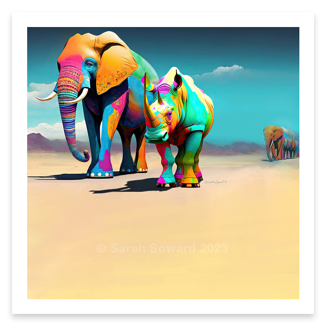 Wise Companions, Elephant and Rhino Print