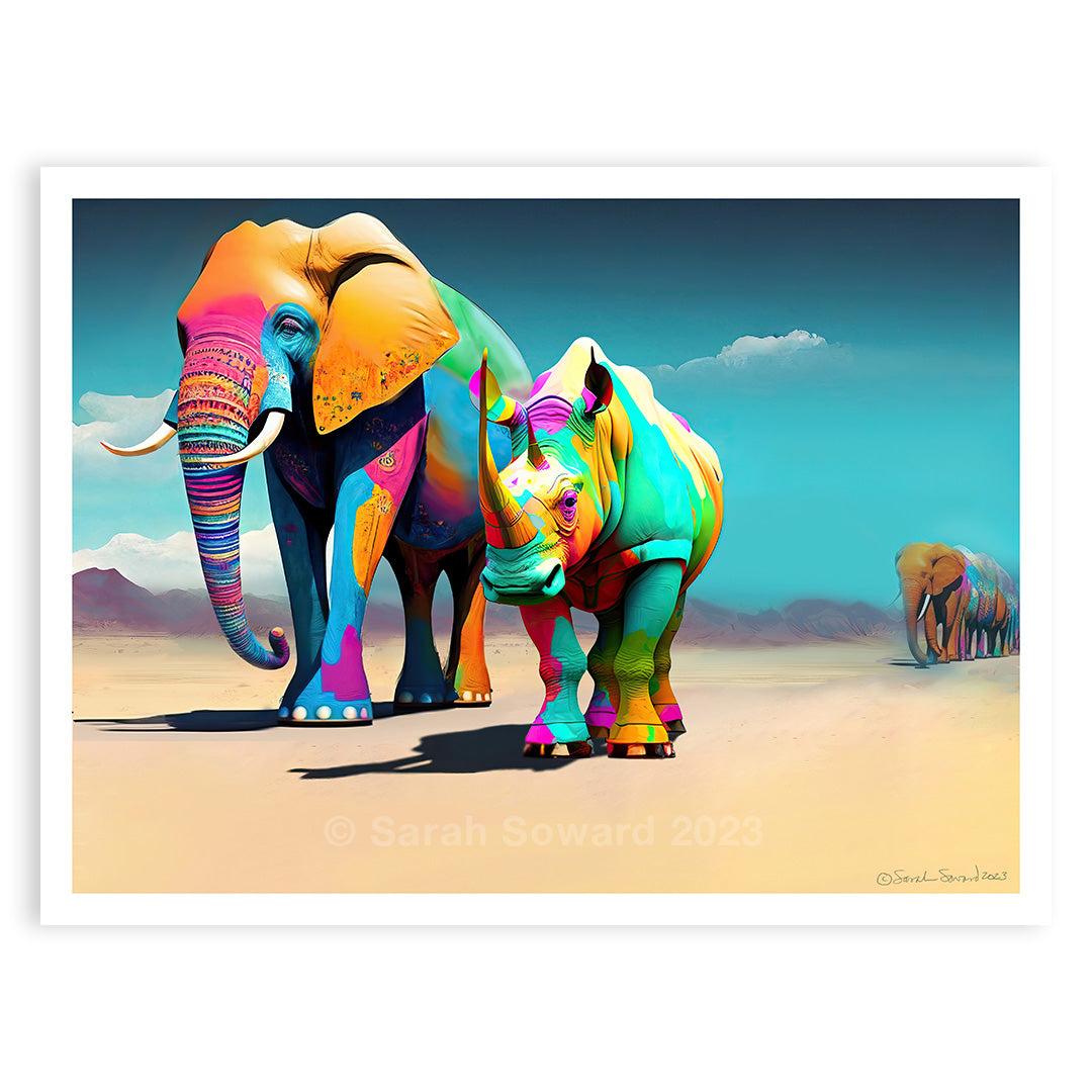 Wise Companions, Elephant and Rhino Print