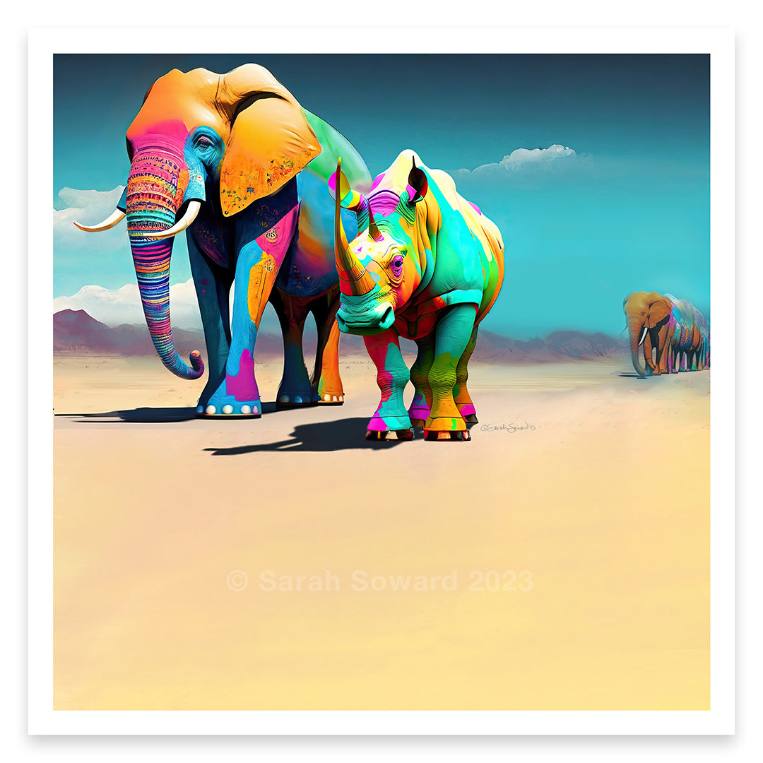 Wise Companions, Elephant and Rhino Print