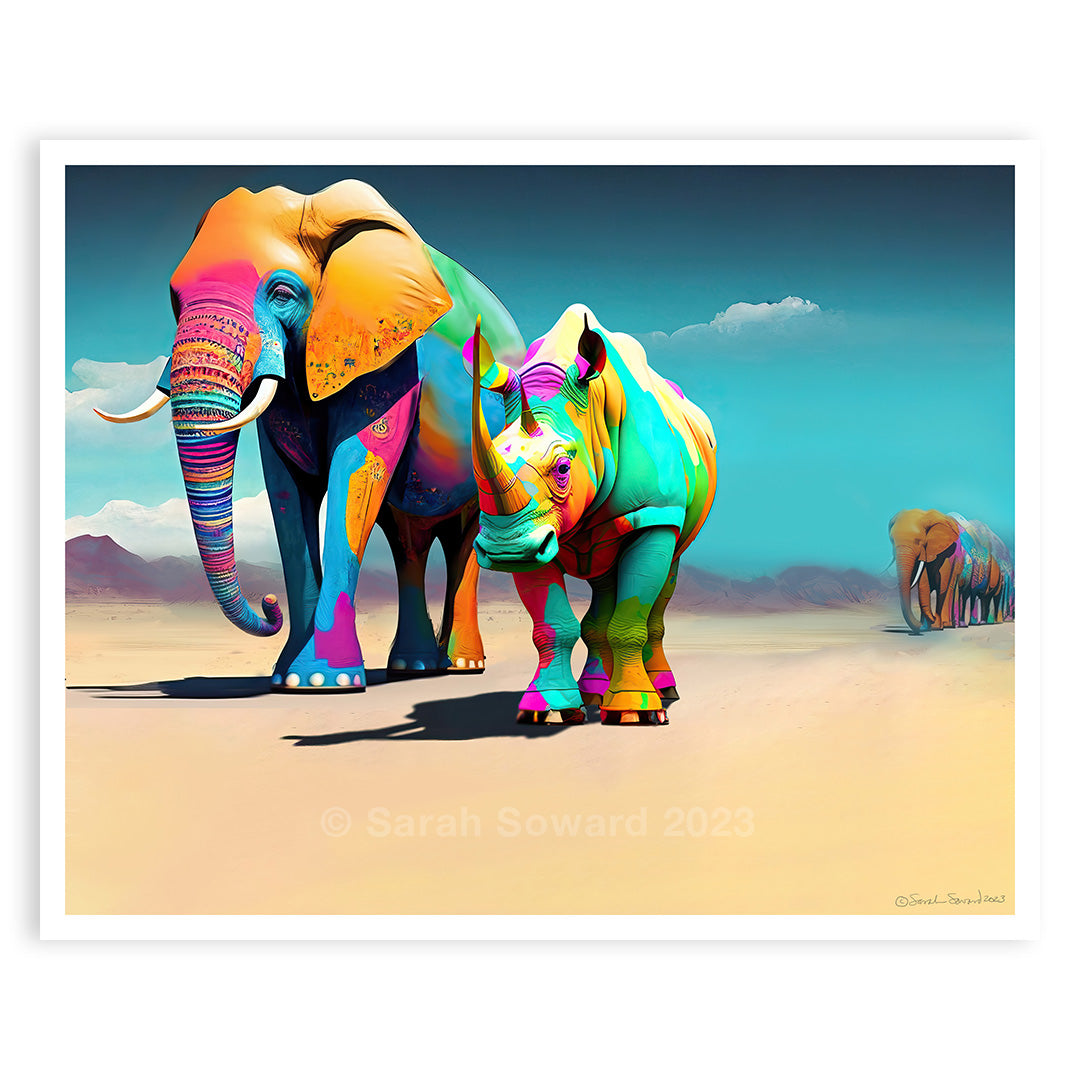 Wise Companions, Elephant and Rhino Print