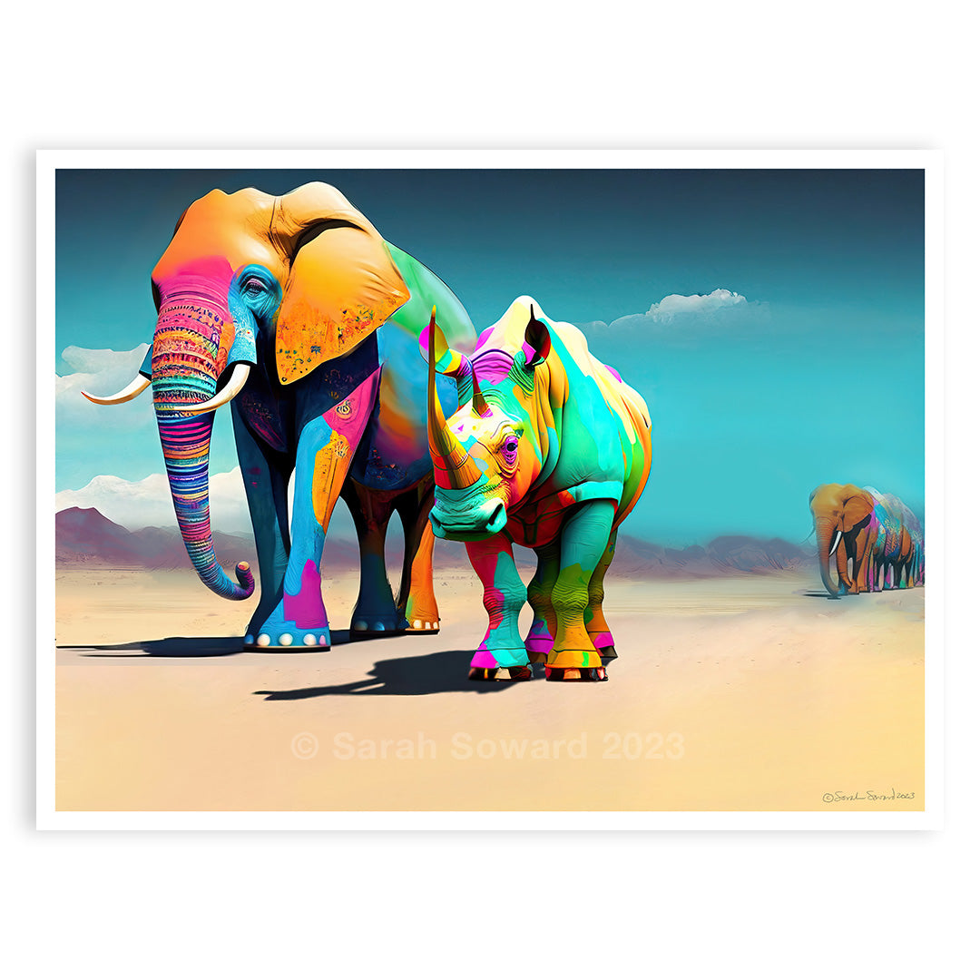 Wise Companions, Elephant and Rhino Print