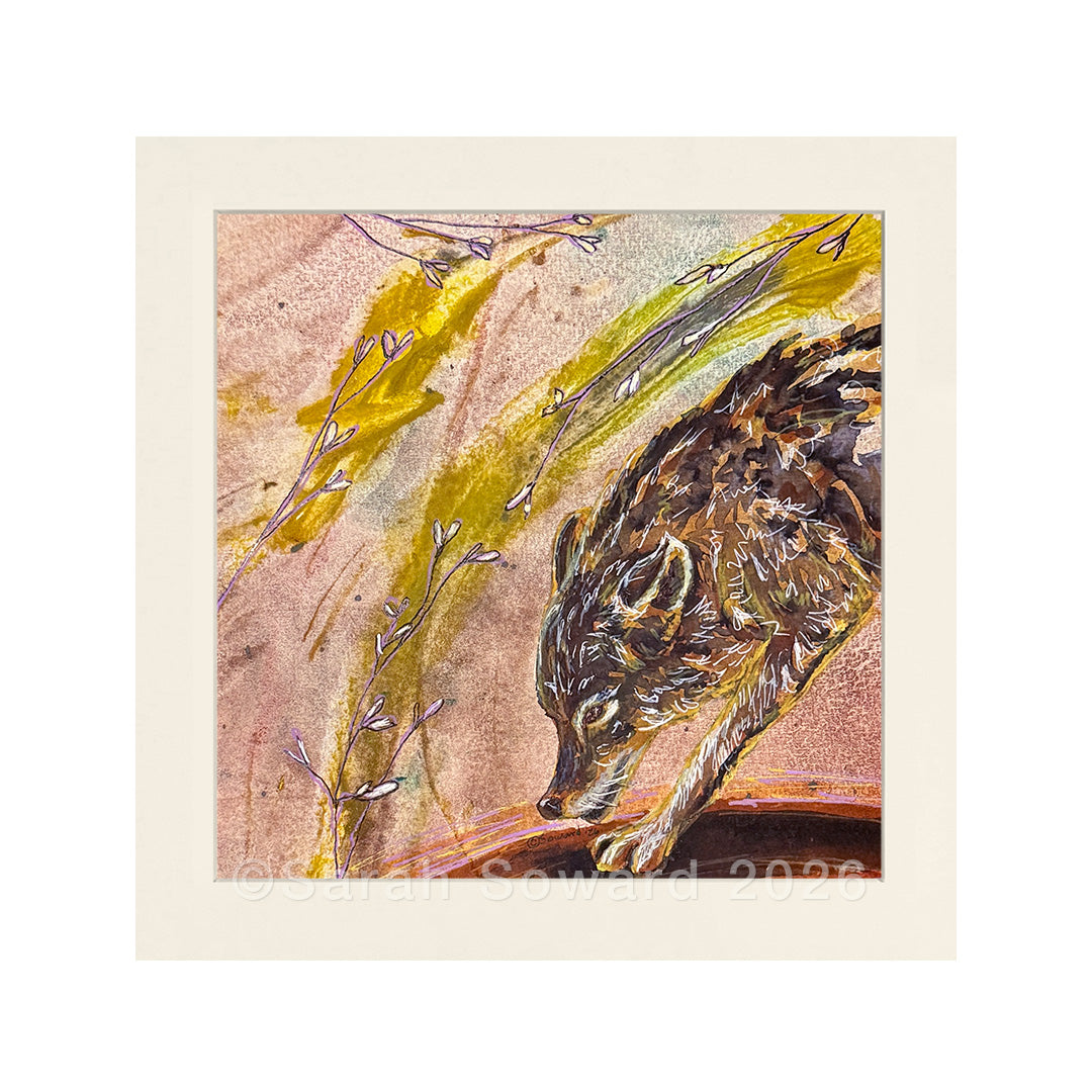 Hiding in Flowers, Wolf, Original Painting