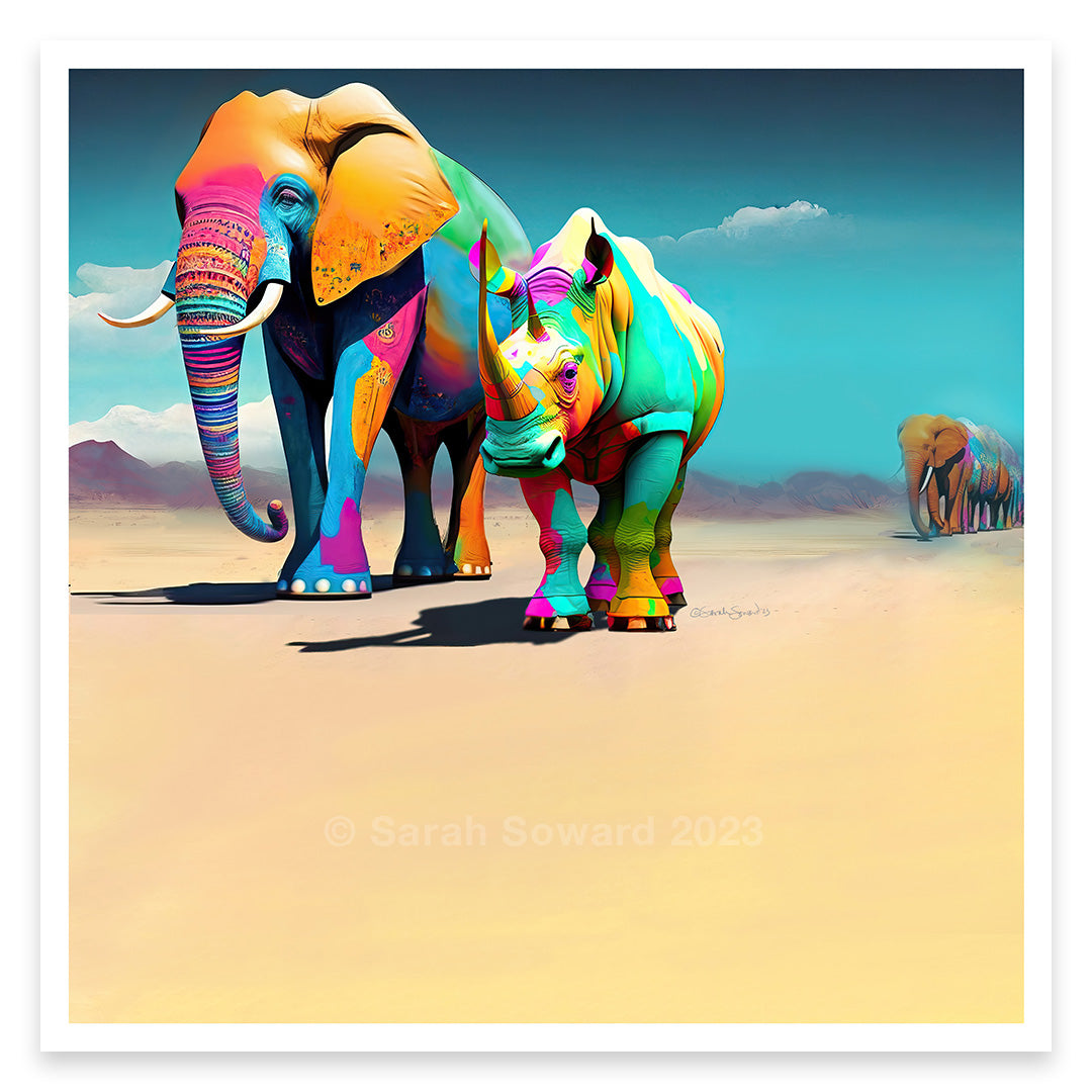 Wise Companions, Elephant and Rhino Print