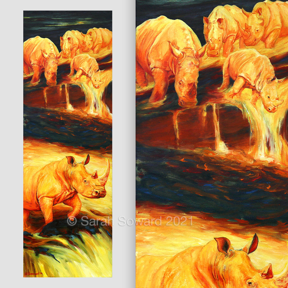 Rhinos for Pele, Vulcan, Original oil painting
