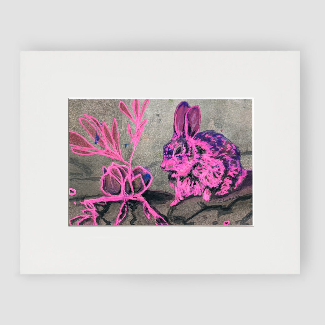 Matted artwork of a pink rabbit and plant on a textured gray background by Sarah Soward
