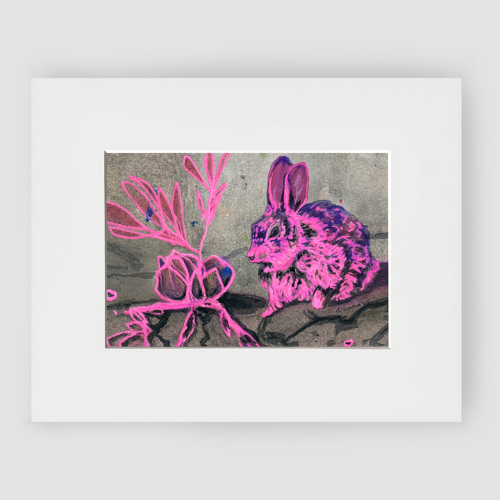 Matted artwork of a pink rabbit and plant on a textured gray background by Sarah Soward