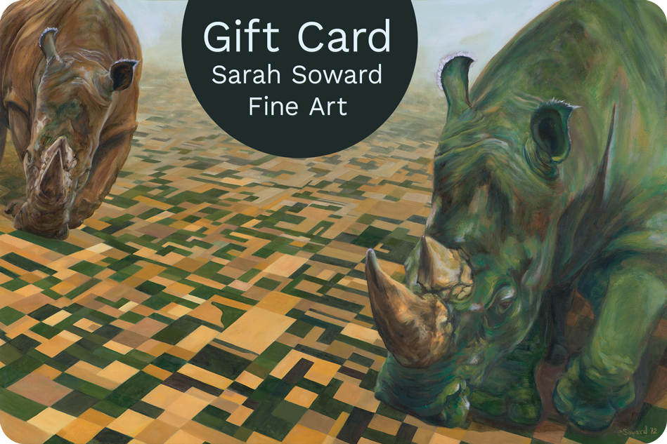 Image of gift card for Sarah Soward Fine Art. The image is the painting, These Hands, showing two enormous rhinos walking over a vast landscape of fields.