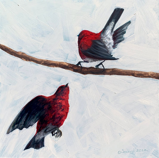 Two Apapanes, One Branch, Original oil painting